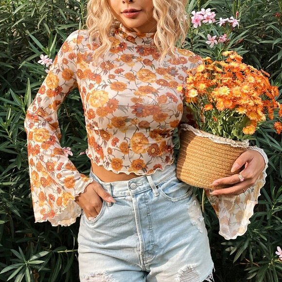 Multicolor Women's Stand Collar Floral Printed Bell Sleeve sheer Top - Picture 6 of 6